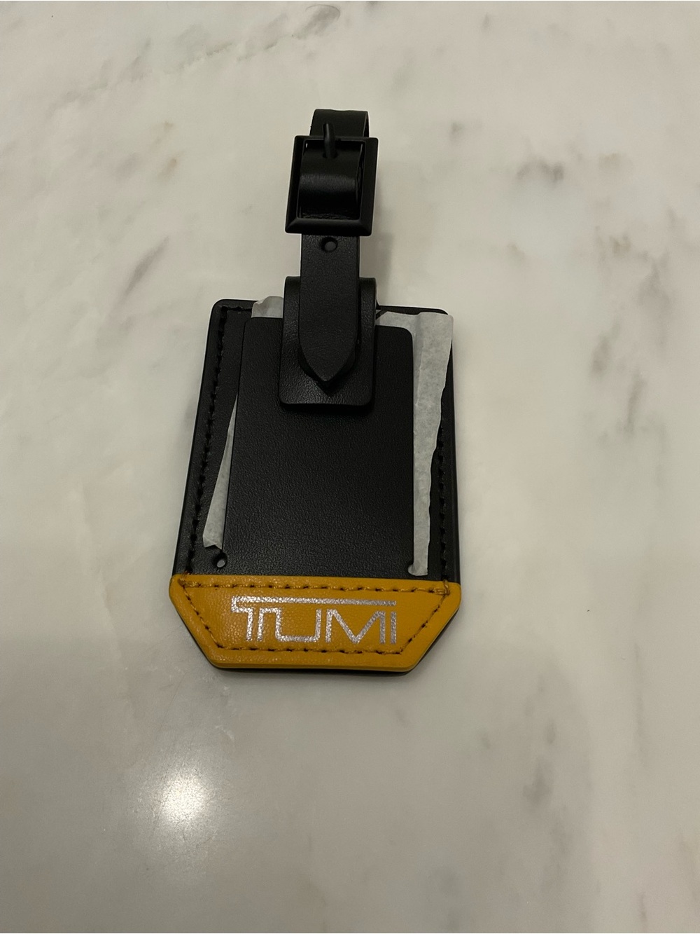 NEW Tumi ALPHA Leather Luggage Name Tag Buckle - BLACK w/ MUSTARD YELLOW